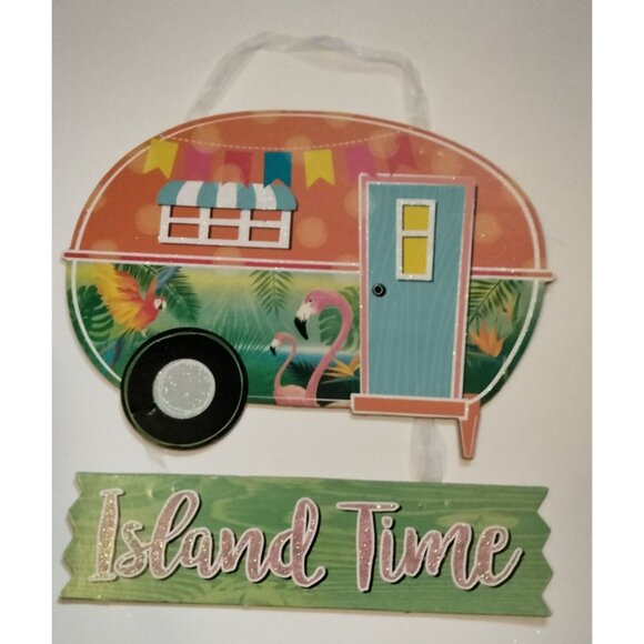 Island time Sign Vintage Camper Flamingo Tiki Tropical Coastal Summer Camping - Picture 1 of 4